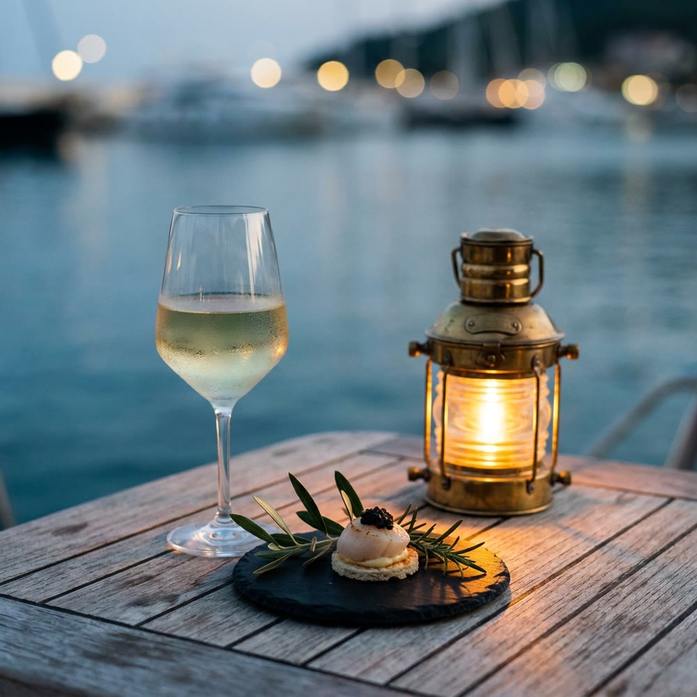 Copa de vino y canapé a bordo