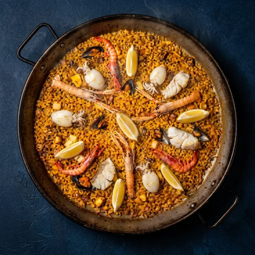 Paella de marisco para una comida a bordo en Valencia